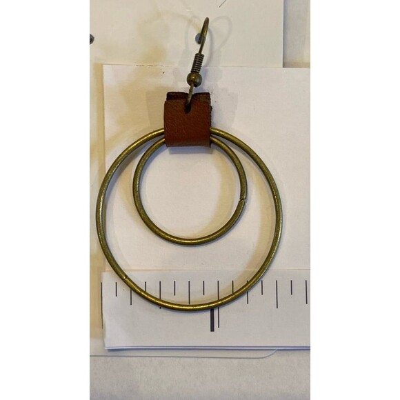 Hoop Earrings Leather Tarnished Gold Hoops Dangle Drop Boho Chic Hippie Vibe - Picture 2 of 5